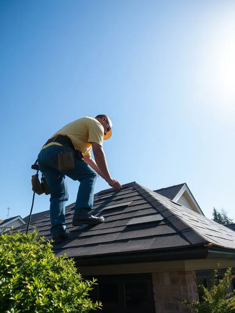 A close-up shot of a roofer meticulously installing new shingles on a residential roof, ensuring precision and quality craftsmanship.