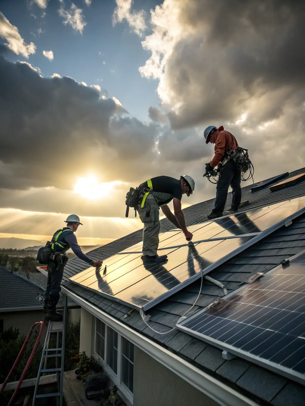 A crew installing a new roof while carefully removing and reattaching solar panels, with a sunny sky backdrop, showcasing Ironclad Roofing's integrated services.
