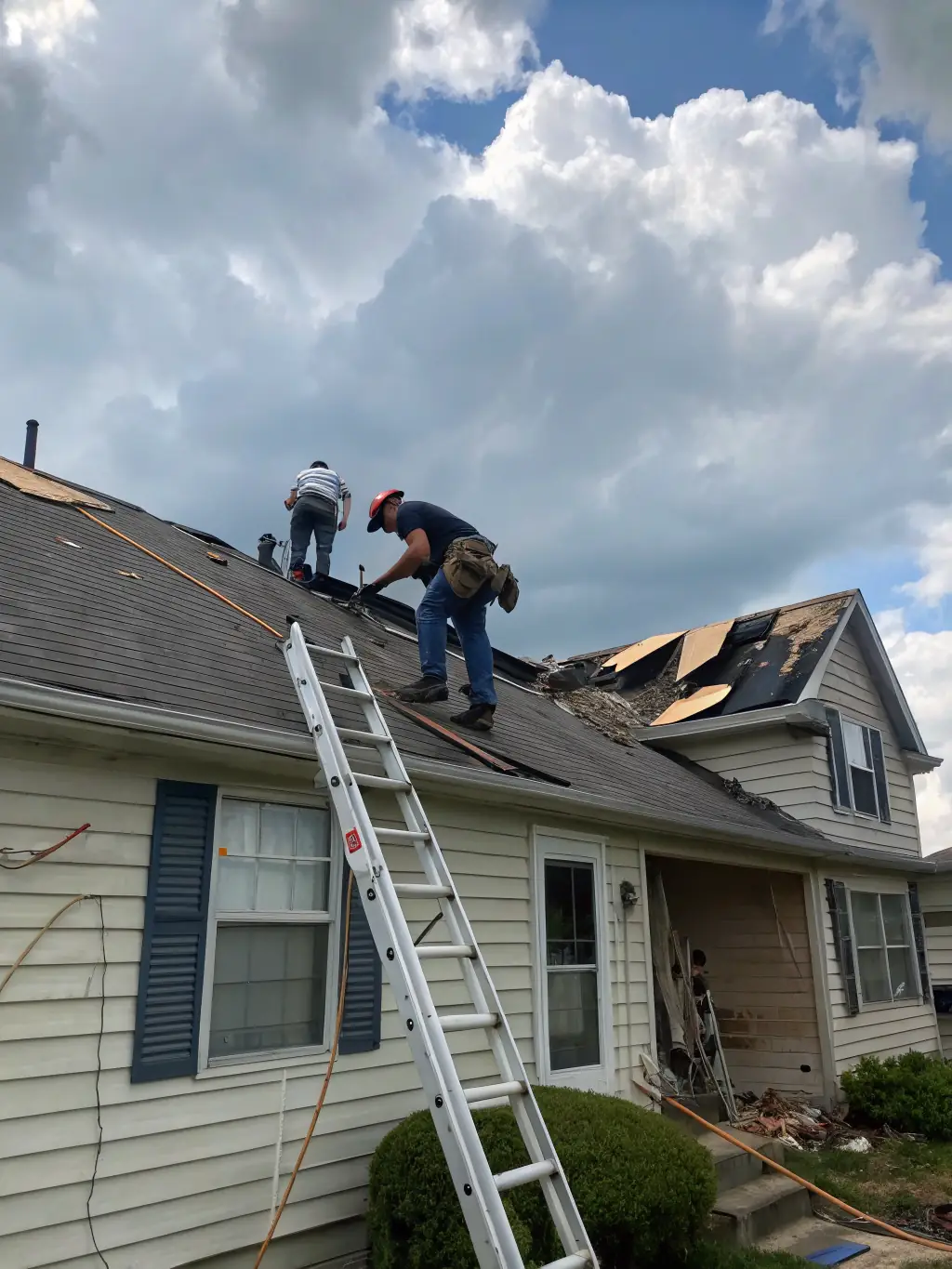 A team of roofers repairing a storm-damaged roof under cloudy skies, with tools and safety gear visible, emphasizing the urgency and expertise of Ironclad Roofing's emergency services.