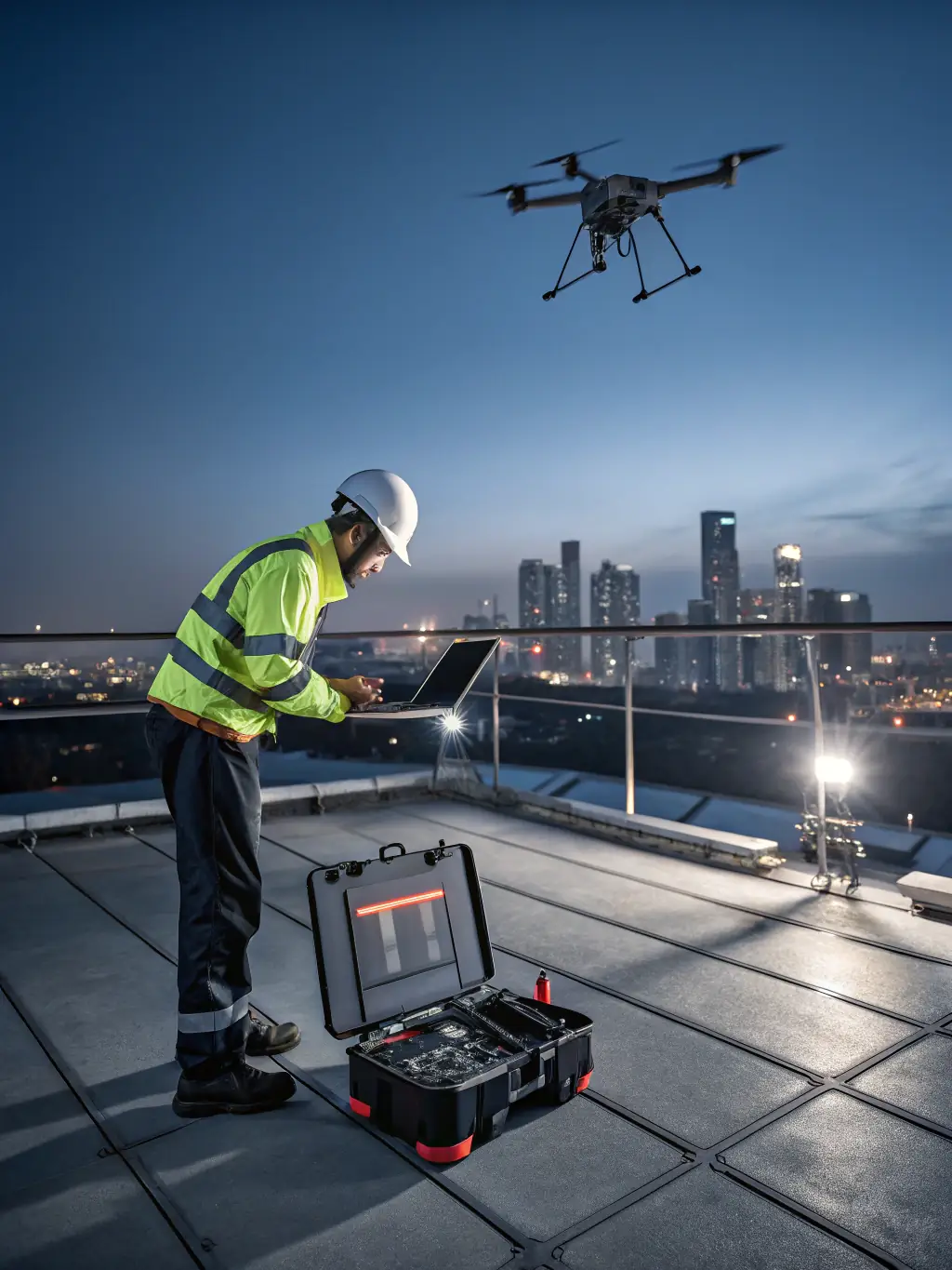 A technician inspecting a roof with a drone, capturing high-resolution images of shingles and flashing, highlighting Ironclad Roofing's use of advanced technology.